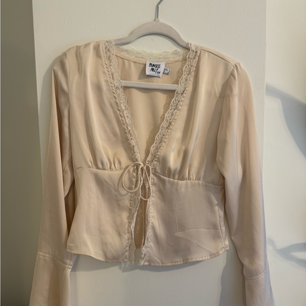 Princess Polly Elegant Satin Blouse With Lace Trim and Front Tie